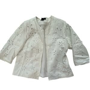 White Linen Embroidered Floral Jacket 3/4 Sleeve Plus Size 1X